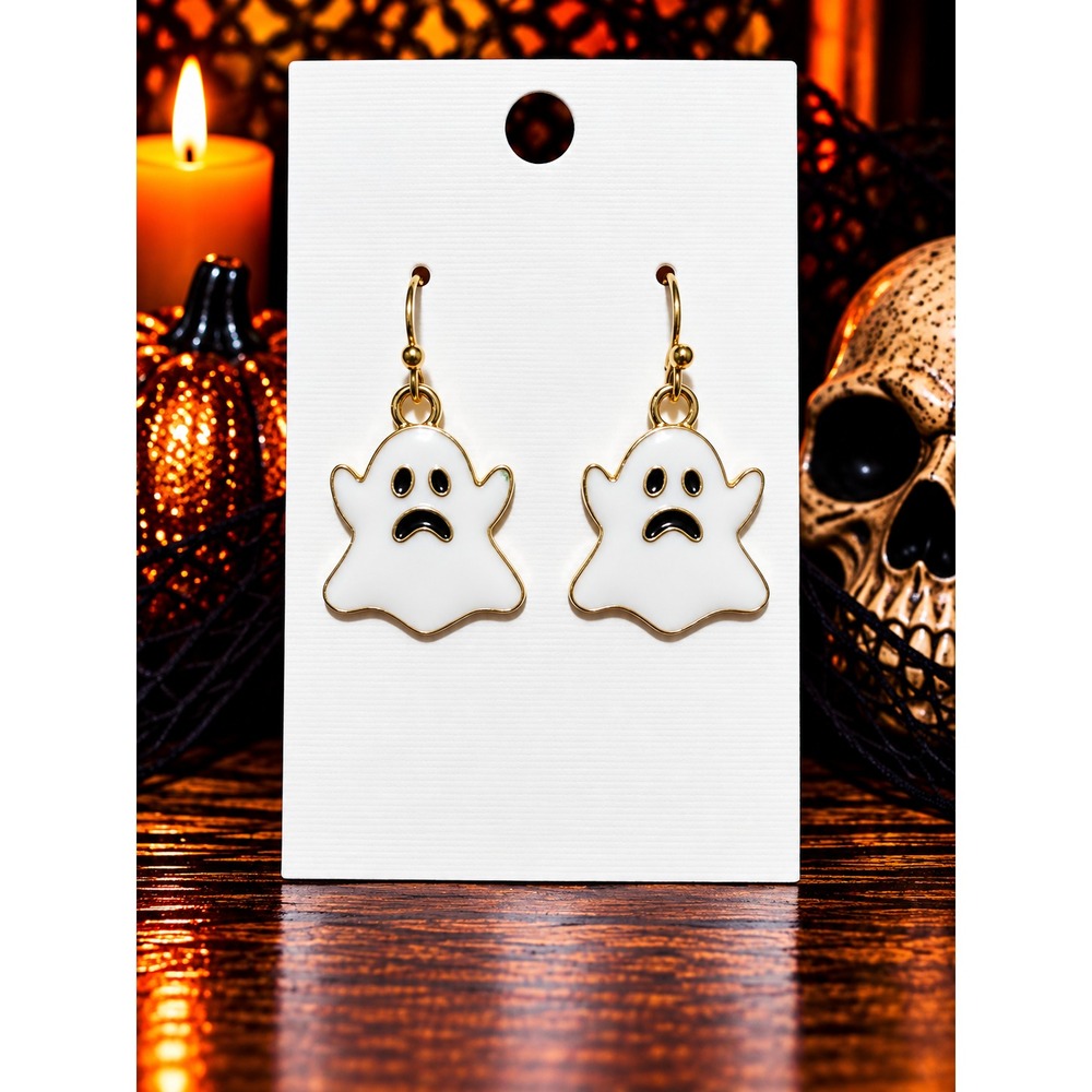Sad Ghost Earrings White Gold Halloween Dangle Earrings Spooky Cute Jewelry